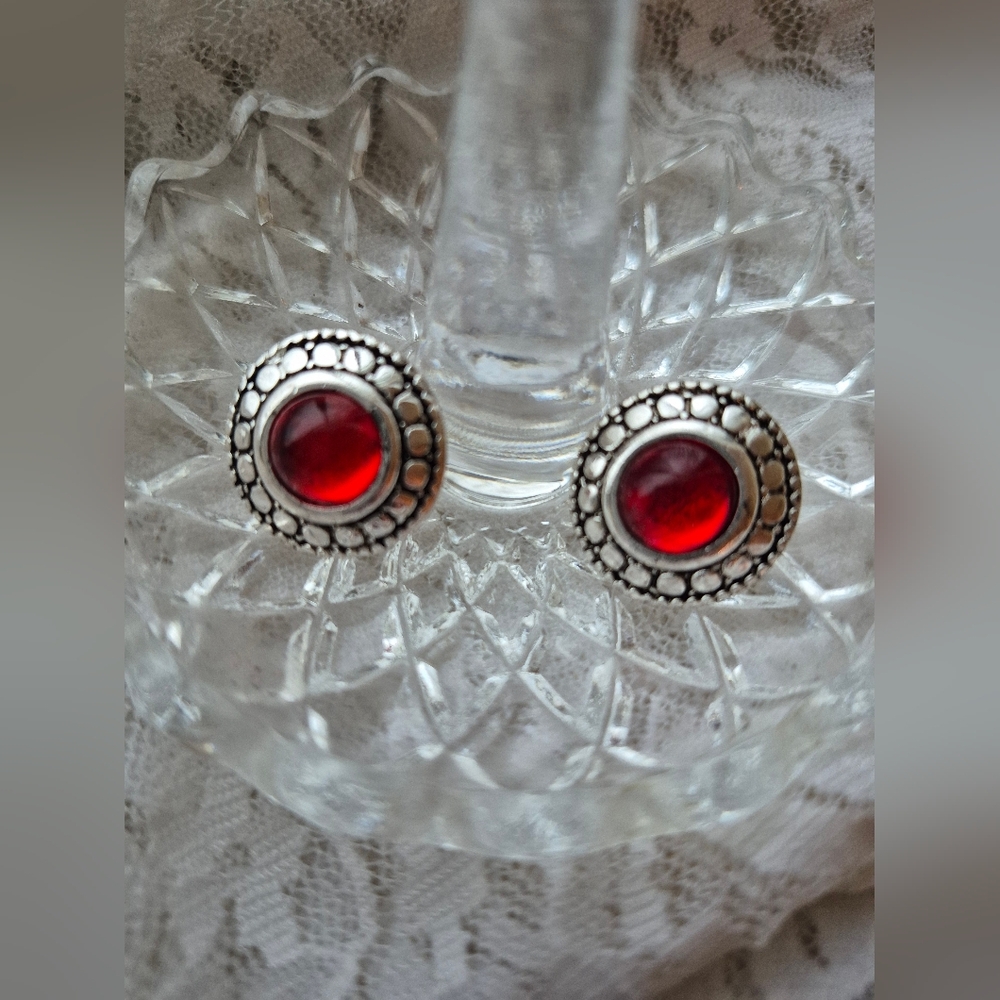 Vintage Silvertone and Red Cabachon Post Earrings
